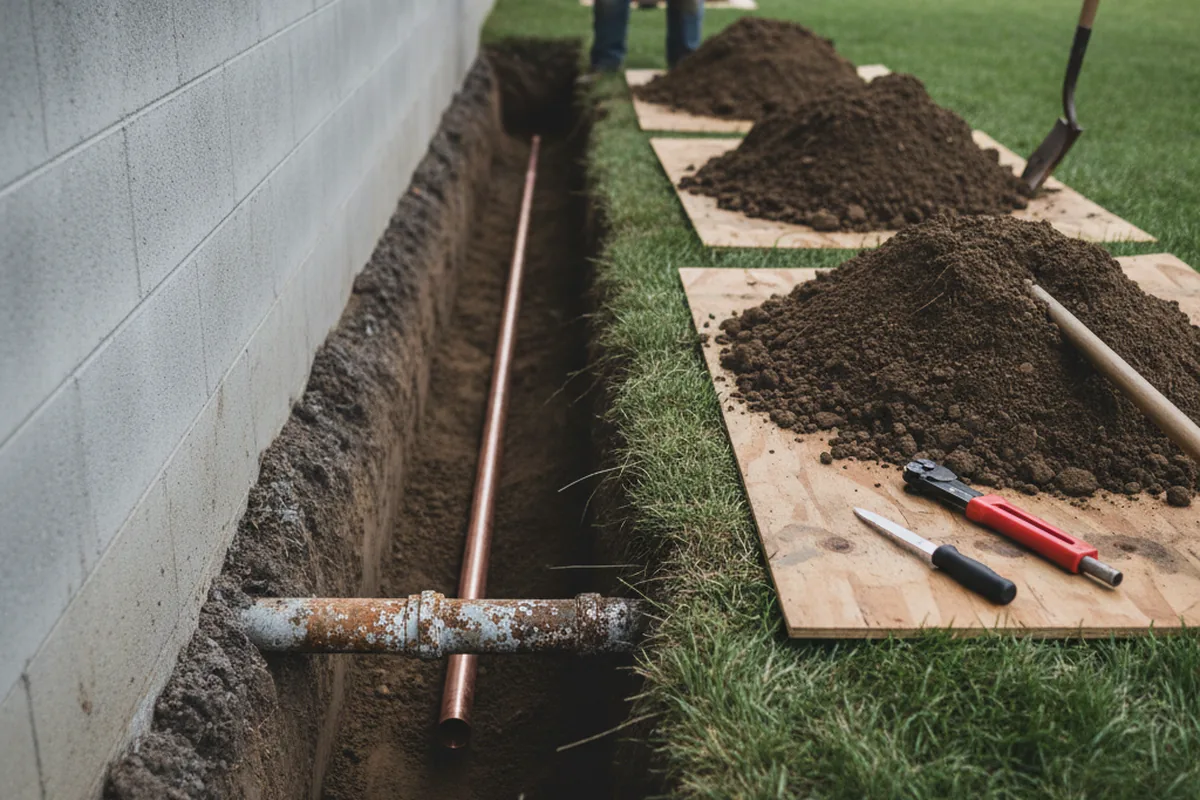 Excavated water line trench during Sewer Line Repair in Fort Myer